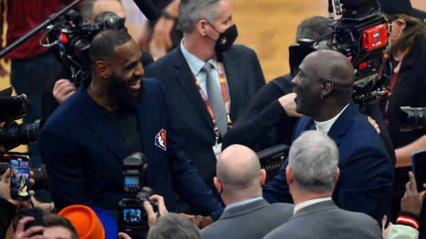 Lebron James and Michael Jordan on court during the 2022 NBA All-Star Game